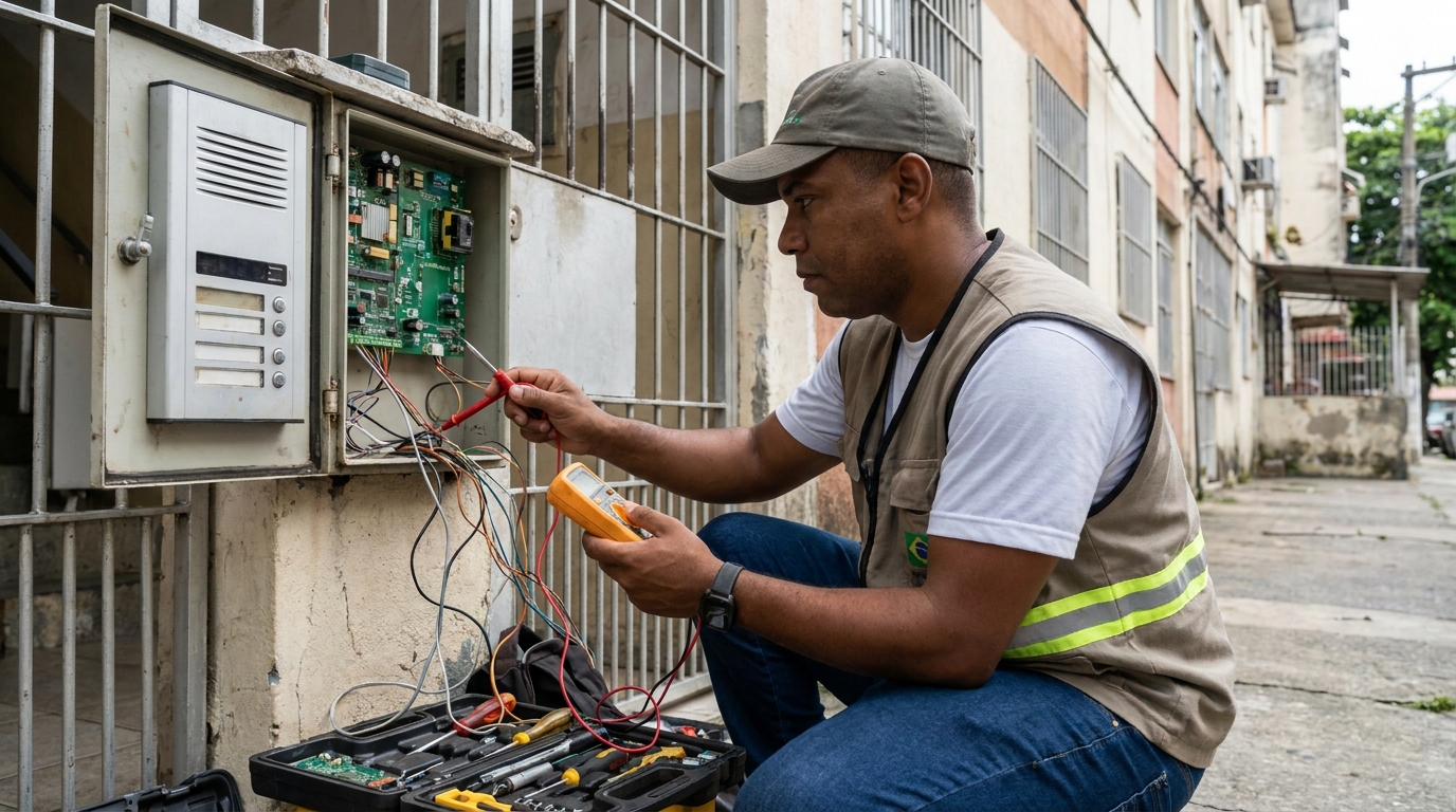 Eletricista consertando interfone em São Carlos‑SP