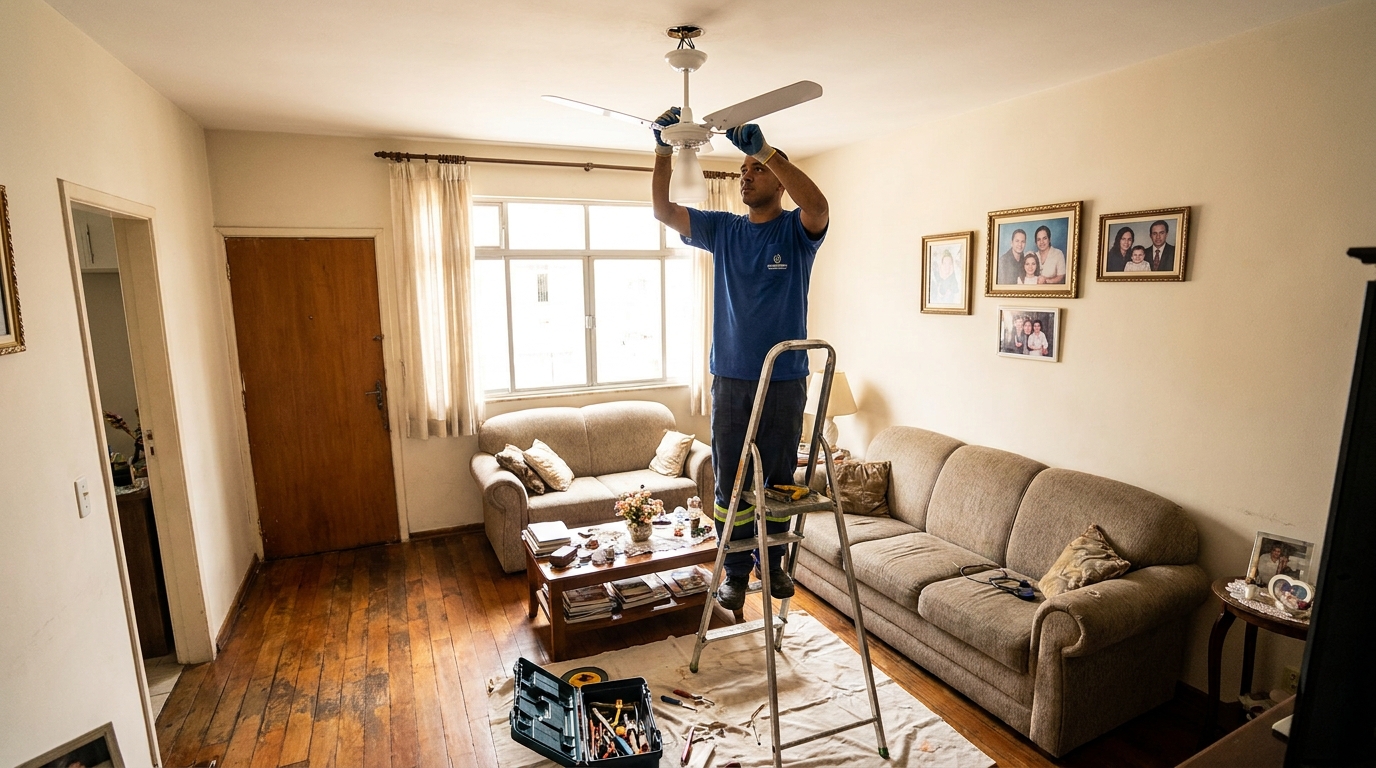Eletricista instalando ventilador de teto em São Carlos‑SP